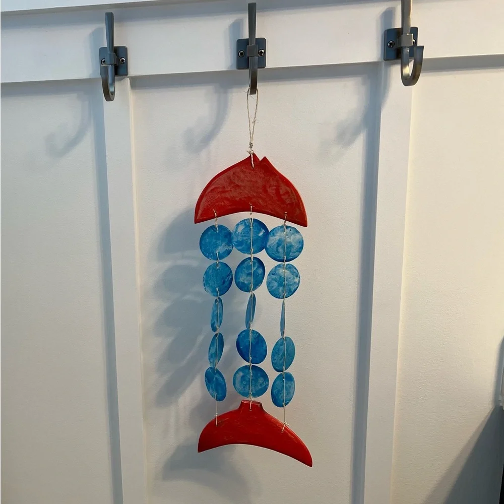 Coastal Fish Wall Hanging Decor- Nautical Capiz Mobile Red and Blue